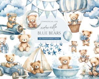 Clipart di orsacchiotto blu, DOWNLOAD DIGITALE, orsacchiotto in mongolfiera, simpatici orsetti Boho, acquerello Baby Shower Clipart, uso commerciale PNG