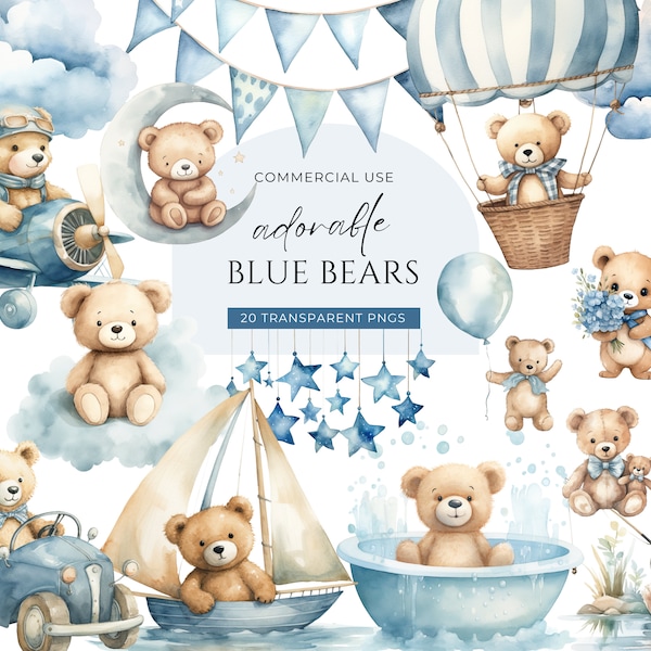 Blue Teddy Bear Clipart, DIGITAL DOWNLOAD, Hot Air Balloon Teddy Bear, Cute Boho Bears, Watercolor Baby Shower Clipart, Commercial Use PNG