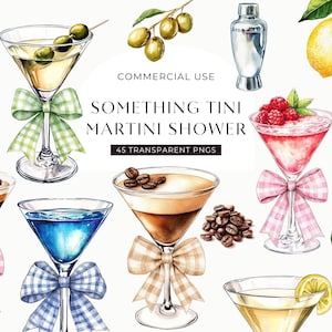 Martini Glass Bow Clipart, Watercolor Cocktail Clip Art, Espresso Martini Graphic, Baby or Bridal Shower Commercial Use PNG Image, DIGITAL