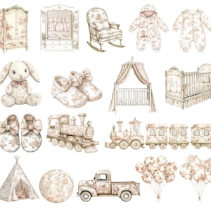 Clipart per cameretta dei bambini in toile neutre, clipart per baby shower in stile cineserie neutro, giocattoli acquerellati beige, fiori francesi vintage in formato PNG DIGITALE immagine 3