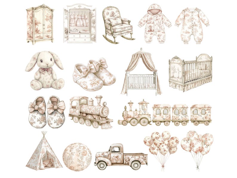 Clipart per cameretta dei bambini in toile neutre, clipart per baby shower in stile cineserie neutro, giocattoli acquerellati beige, fiori francesi vintage in formato PNG DIGITALE immagine 3