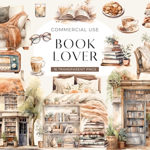 Clipart Cozy Reading, DIGITAL DOWNLOAD, Fall Into Reading Watercolor, Boho Book Lover, Coffee & Books, Stacked Book Shelf Commercial Use PNG