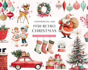Retro Watercolor Christmas Clipart, Cute Vintage Santa Clip Art, Xmas Tree Ornament Graphic, Winter Images, DIGITAL Craft Commercial Use PNG