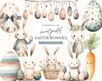 Lindo conejito de Pascua Clipart, DESCARGA DIGITAL, Conejitos de primavera de acuarela pastel, Conjunto gráfico de vivero Boho, PNG transparente de uso comercial gratuito