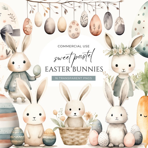 Cute Easter Bunny Clipart, DIGITAL DOWNLOAD, Pastel Watercolor Spring Bunnies, Boho Nursery Graphic Set, Free Commercial Use Transparent PNG