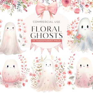 Floral Ghost Clipart, DIGITALE DOWNLOAD, schattige roze Halloween-illustraties, pastelbloem griezelig seizoen, Little Boo babyshower commercieel gebruik, png