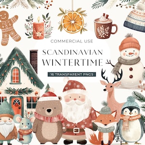 Clipart invernale nordico, DOWNLOAD DIGITALE, Clip art di biglietti di Natale in stile scandinavo, Arte popolare natalizia scandinava, Pupazzo di neve carino per uso commerciale PNG