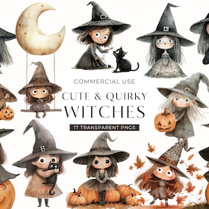 Peut inclure: Illustrations à l'aquarelle de sorcières mignonnes et originales. Les images présentent des sorcières avec des chapeaux noirs, des citrouilles et des chats noirs. Le texte "Cute & Quirky Witches" est également visible.