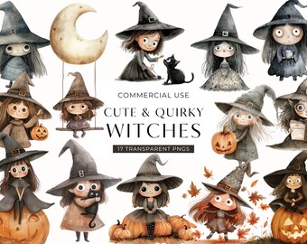 Quirky Cute Witch Clipart, DIGITAL DOWNLOAD, Watercolor Halloween Clip Art, On A Pumpkin, With A Cat, Autumn Fall October Commercial Use PNG