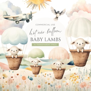 Clipart de acuarela de oveja bebé, descarga digital, globo aerostático de cordero, animalito de primavera, clipart para guardería, PNG transparente para uso comercial