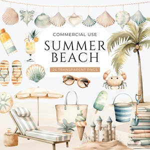 Summer Beach Watercolor Clipart, DIGITAL DOWNLOAD, Vacation Clip Art, Boho Tropical Holiday, Chair And Umbrella, Seashell Commercial Use PNG image 1