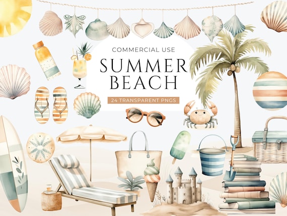 Summer Beach Watercolor Clipart, DIGITAL DOWNLOAD, Vacation Clip Art, Boho Tropical Holiday, Chair And Umbrella, Seashell Commercial Use PNG