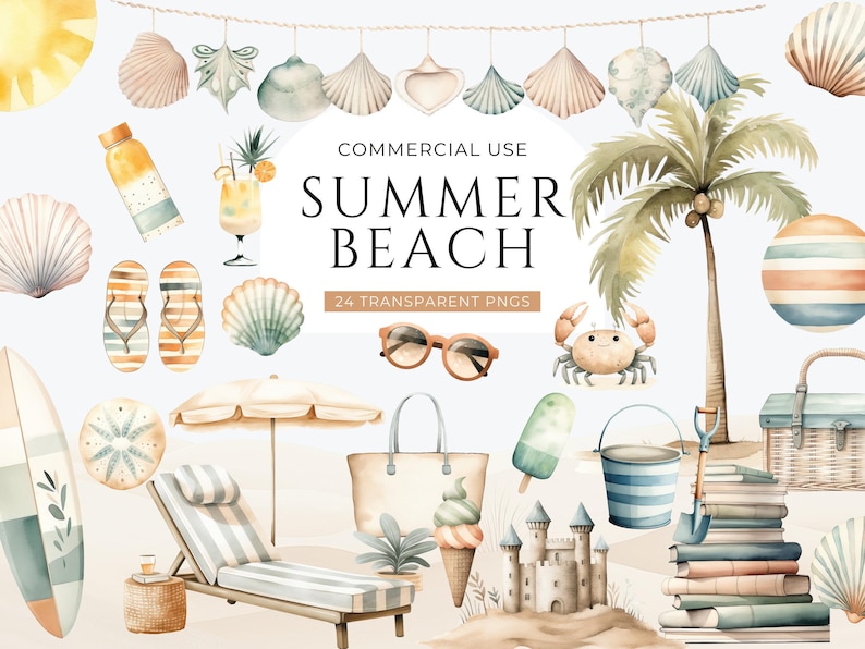 Summer Beach Watercolor Clipart, DIGITAL DOWNLOAD, Vacation Clip Art, Boho Tropical Holiday, Chair And Umbrella, Seashell Commercial Use PNG image 1