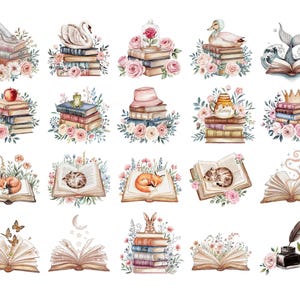A clipart pack with a boho floral story book theme. Cute watercolor images of stacked vintage books, open book pages and rows of books. With elements to represent Cinderella, Sleeping Beauty, Little Mermaid, Frog Prince, Snow White, Winne the Pooh.