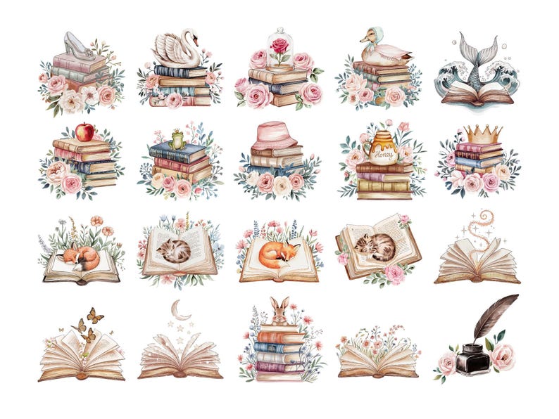 A clipart pack with a boho floral story book theme. Cute watercolor images of stacked vintage books, open book pages and rows of books. With elements to represent Cinderella, Sleeping Beauty, Little Mermaid, Frog Prince, Snow White, Winne the Pooh.