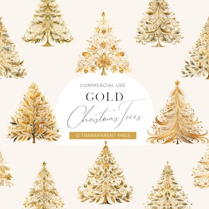 Clipart de sapin de Noël or, téléchargement numérique, thème de Noël or luxe, arbre de Noël vintage élégant, pour cartes de Noël, usage commercial PNG