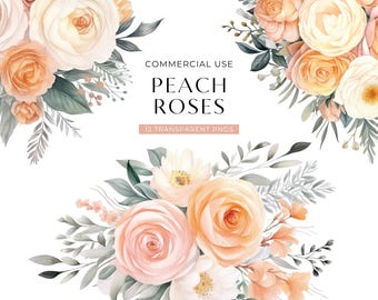 Peach Rose Clipart, DIGITAL DOWNLOAD, Peach Floral Clipart, Spring Watercolor Flowers, Wedding Invitation Bridal Bouquet, Commercial Use PNG
