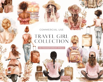 Travel Girl Digital Clipart, Watercolor Summer Vacation Clip Art, Planner Graphic, Adventure PNG Image, Boho Holiday Fashion Illustration