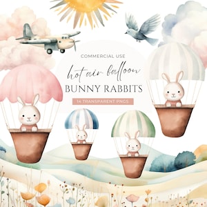 Bunny heteluchtballon clipart, digitale DOWNLOAD, aquarel lente baby dier clipart, schattige pastel konijnen, transparante commercieel gebruik png