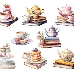 Tea And Books Clipart, DIGITAL DOWNLOAD, Watercolor Reading Clip Art, Book Club Lover, Vintage Tea Cup Set, Junk Journal Commercial Use PNG image 2