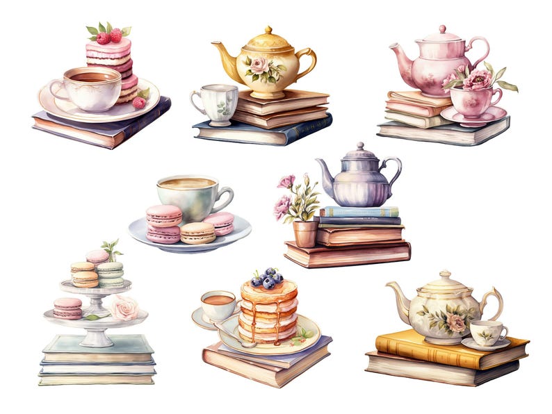 Tea And Books Clipart, DIGITAL DOWNLOAD, Watercolor Reading Clip Art, Book Club Lover, Vintage Tea Cup Set, Junk Journal Commercial Use PNG image 2