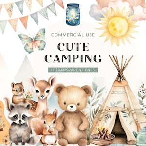 Leuke camping clipart, digitale DOWNLOAD, bosrijke bos dieren aquarel illustraties, kinderkamer clipart, zomer buiten gratis commercieel gebruik, png