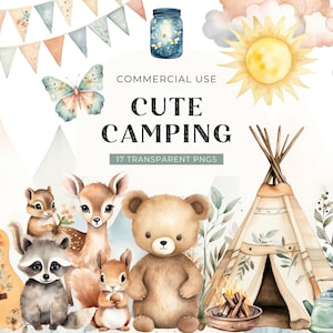 Cute Camping Clipart, DIGITAL DOWNLOAD, Woodland Forest Animal Watercolor Clip Art, Nursery Clipart, Summer Outdoor Free Commercial Use PNG