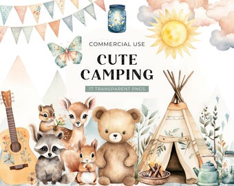 Cute Camping Clipart, DIGITAL DOWNLOAD, Woodland Forest Animal Watercolor Clip Art, Nursery Clipart, Summer Outdoor Free Commercial Use PNG