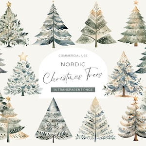Clipart albero di Natale nordico, DOWNLOAD DIGITALE, alberi di Natale scandinavi, albero di pino decorato con acquerello verde oro, uso commerciale PNG