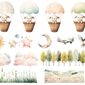 Baby Sheep Watercolor Clipart, DIGITAL DOWNLOAD, Lamb Hot Air Balloon, Spring Baby Animal, Nursery Clipart, Transparent Commercial Use PNG image 2