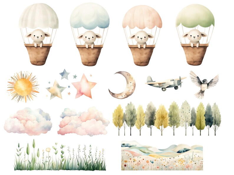 Baby Sheep Watercolor Clipart, DIGITAL DOWNLOAD, Lamb Hot Air Balloon, Spring Baby Animal, Nursery Clipart, Transparent Commercial Use PNG image 2