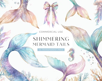 Mermaid Tail Clipart, Watercolor Pastel Under The Sea Clip Art, Mermaid Bridal Shower Clipart, Ocean Commercial Use PNG, DIGITAL DOWNLOAD