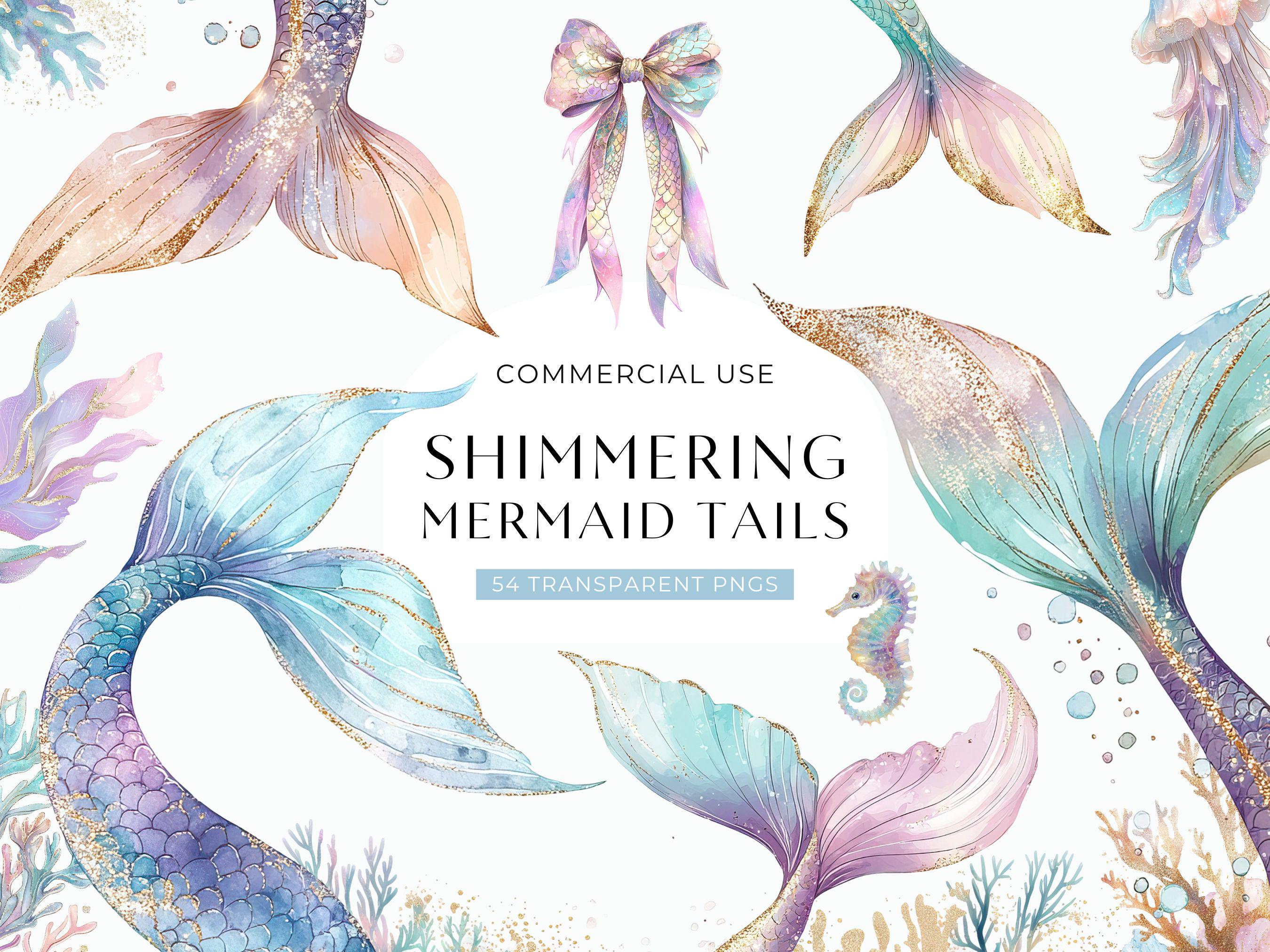 Mermaid Tail Clipart, Watercolor Pastel Under The Sea Clip Art, Mermaid Bridal Shower Clipart, Ocean Commercial Use PNG, DIGITAL DOWNLOAD