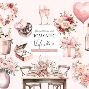 Clipart romántico de San Valentín, descarga digital, caja de bombones de acuarela, anillo de compromiso, champán rosado, invitación, uso comercial PNG