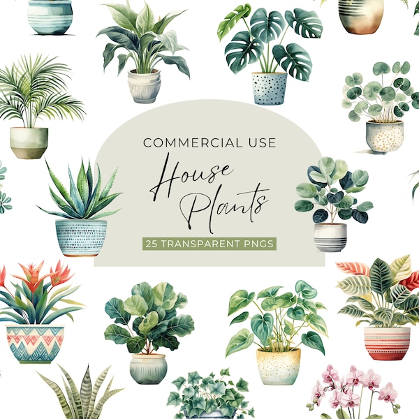 Watercolor House Plant Clipart, DIGITAL DOWNLOAD, Potted Plant Illustration, Greenery Botanical Graphic, Succulent Cactus Commercial Use PNG