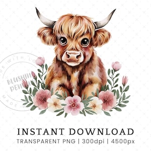 Floral Highland Cow PNG, Baby Highland Cow With Flowers Sublimation Design, Cute Farm Animal Clipart, Boho Cow Clip Art, Digital Download