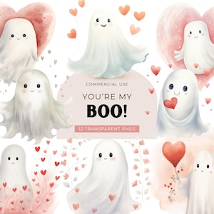 Valentine Ghosts Clipart, DIGITAL DOWNLOAD, Watercolor Ghosts, Cute Pastel Ghost, Little Boo Clipart, Valentine Card Free Commercial Use PNG image 1