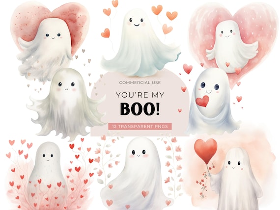 Valentine Ghosts Clipart, DIGITAL DOWNLOAD, Watercolor Ghosts, Cute Pastel Ghost, Little Boo Clipart, Valentine Card Free Commercial Use PNG