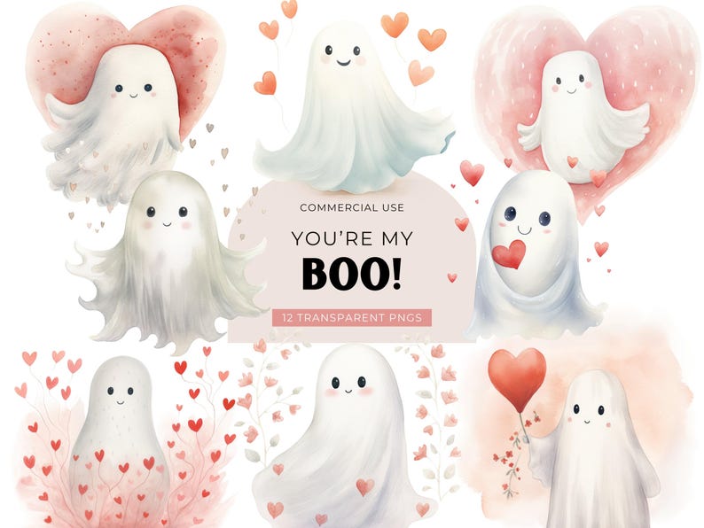 Valentine Ghosts Clipart, DIGITAL DOWNLOAD, Watercolor Ghosts, Cute Pastel Ghost, Little Boo Clipart, Valentine Card Free Commercial Use PNG image 1