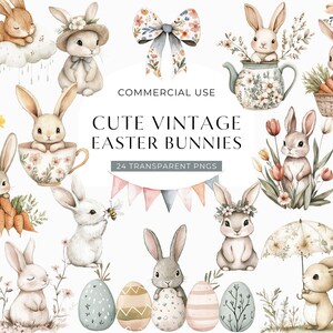 Vintage Easter Bunny Clipart, Cute Retro Spring Clip Art, Watercolor Floral Baby Rabbits, Junk Journal Scrapbooking DIGITAL DOWNLOAD PNG