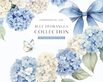 Blue Hydrangea Clipart, Watercolor Floral Clip Art, Flower Bouquet Frame Border Clipart, Botanical Wedding Invitation Clipart, DIGITAL PNG