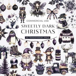 Moody Christmas Clipart, CYFROWE POBIERANIE, Akwarela Czarny Xmas Clip Art, Ciemny Fioletowy Boho Zimowy Clipart, Uroczy Przytulny Komercyjny Użytek PNG