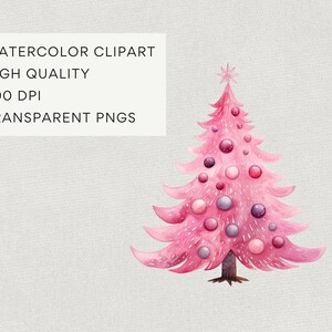 Pink Christmas Tree Clipart, DIGITAL DOWNLOAD, Candy Pink Retro Christmas Trees, Hot Pink Watercolor Decorated Xmas Tree, Commercial Use PNG image 4