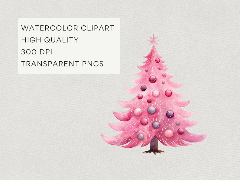 Pink Christmas Tree Clipart, DIGITAL DOWNLOAD, Candy Pink Retro Christmas Trees, Hot Pink Watercolor Decorated Xmas Tree, Commercial Use PNG image 4