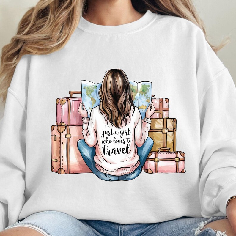 Just a Girl Who Loves To Travel PNG, Wanderlust PNG, Adventure Sublimation Design, Wanderer Clip Art, With Suitcases And Map, Commercial Use image 2