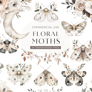 Clipart de polilla floral bohemia, descarga digital, clip art de polilla celestial, clipart de insecto de acuarela, clipart de diario basura, PNG para uso comercial