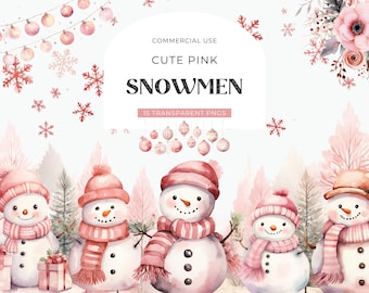 Pink Christmas Snowman Clipart, DIGITAL DOWNLOAD, Cute Snowman Clipart, Candy Pink Xmas Illustration, Winter Baby Shower, Commercial Use PNG