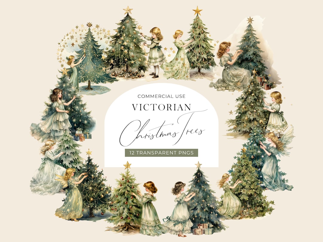 Victorian Christmas Trees Clipart, DIGITAL DOWNLOAD, Decorated