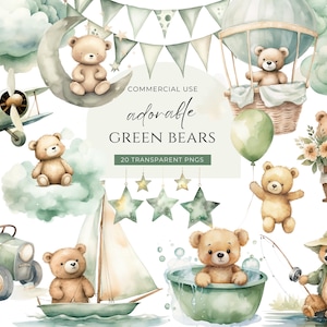 May include: A collection of watercolour illustrations featuring cute teddy bears in scenes such as a hot air balloon, aeroplane, and sailboat. The bears are in shades of tan and green, with the text "adorable GREEN BEARS" and "20 TRANSPARENT PNGS".