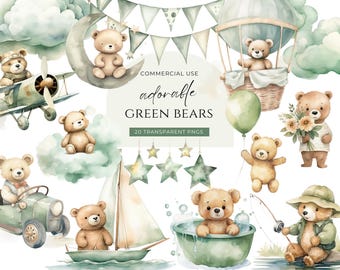 Green Teddy Bear Clipart, DIGITAL DOWNLOAD, Hot Air Balloon Teddy Bear, Cute Boho Bears, Watercolor Baby Shower Clipart, Commercial Use PNG